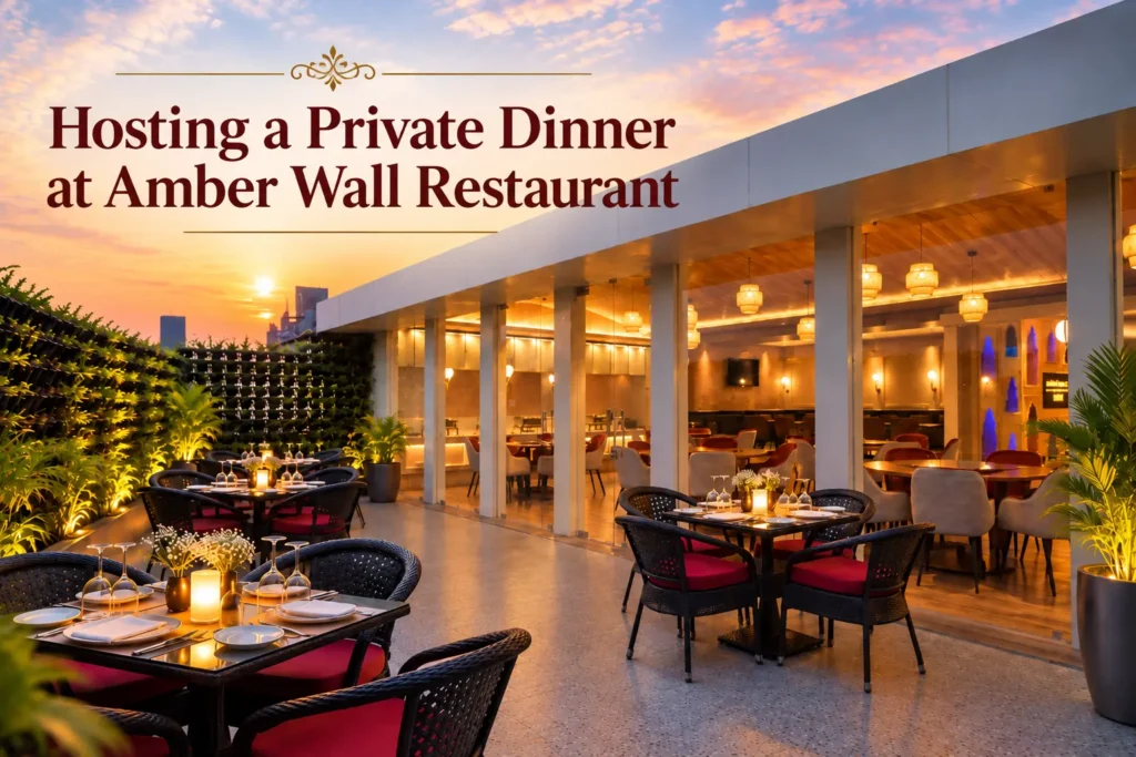 Private dinner setup at Amber Wall Restaurant rooftop in Gurugram.